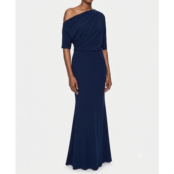 Betsy & Adam Dresses & Skirts - Betsy & Adam Womens One Shoulder Draped Evening Gown Navy Blue Size 8 A25025